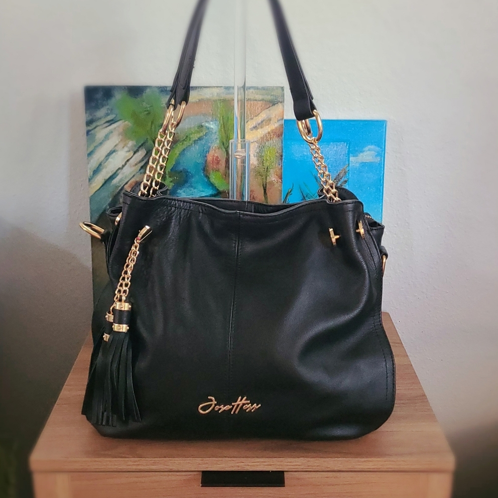 Jose Hess Signature Leather Hobo Bag – Black with Gold Hardware